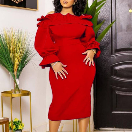 OFF-SHOULDER LONG-SLEEVED SLIM FIT DRESS_CWDMD3700