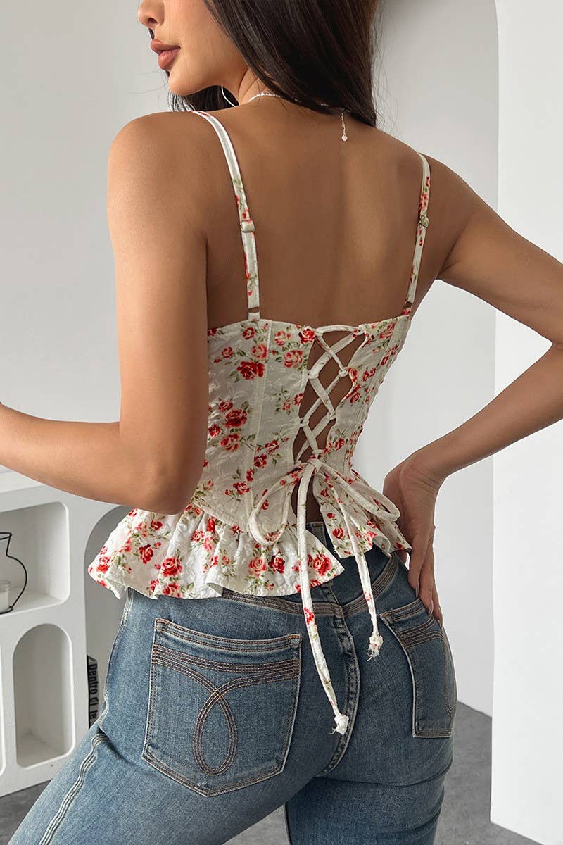 CWTTK0769_FLORAL IRREGULAR RUFFLED BACKLESS CAMISOLE TOP