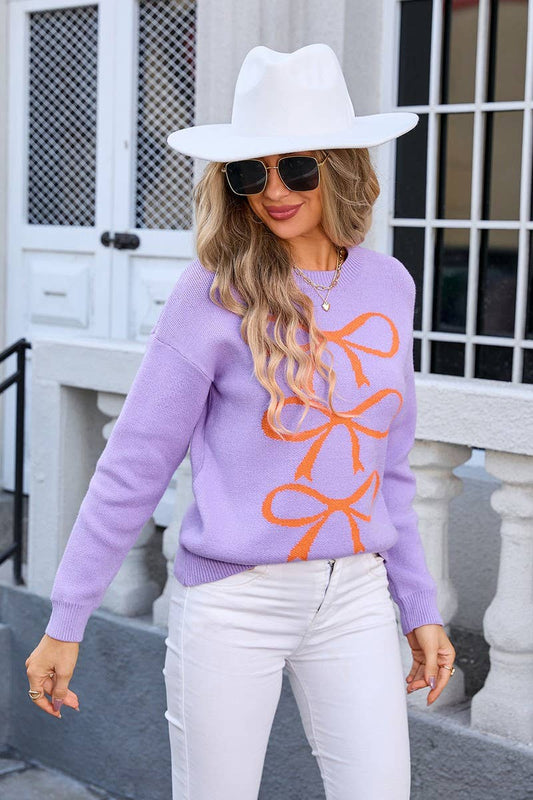 CWOSWL3117_BOW KNIT LONG SLEEVE PULLOVER SWEATER