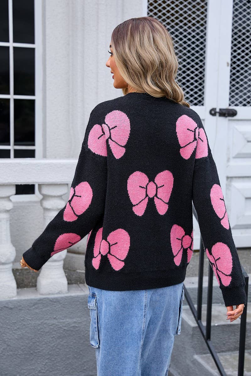 CWOSWL3068_BOW PRINT CREW NECK KNITTED SWEATER