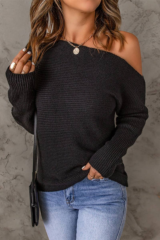 CWOSWL6693_ONE-SHOULDER IRREGULAR KNIT LONG-SLEEVED SWEATER