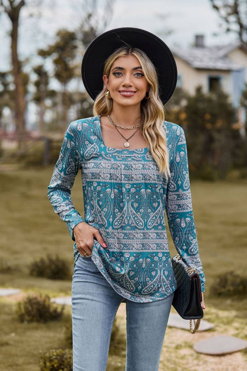 CWTBLL1043_SQUARE NECK PRINTED LONG SLEEVE CASUAL TOP