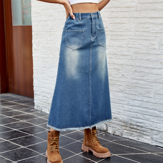 Women?™s Washed Denim Midi Skirt with Raw Hem_CWJSK0199