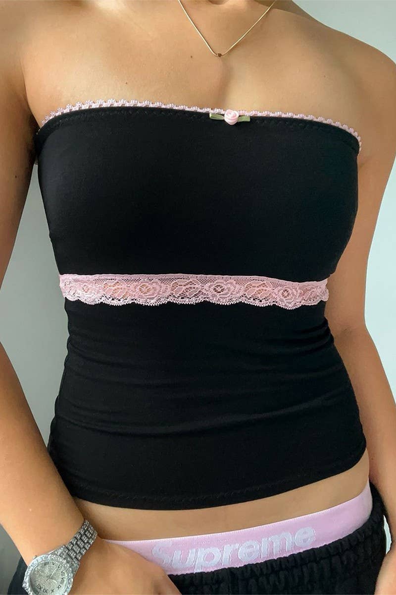 CWTTT0036_CONTRAST LACE PATCHWORK FITTED TUBE TOP