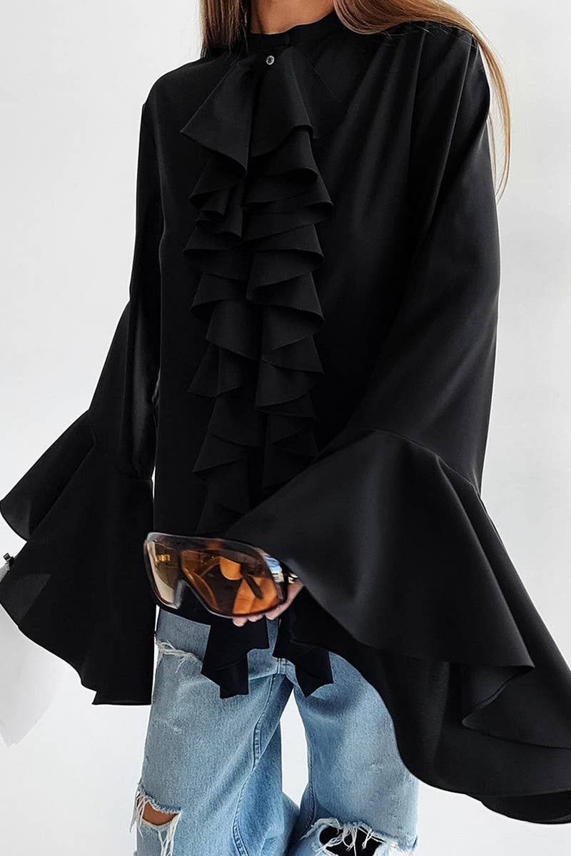 CWTBLL3342_SOLID COLOR RUFFLED LONG SLEEVE SHIRT TOP