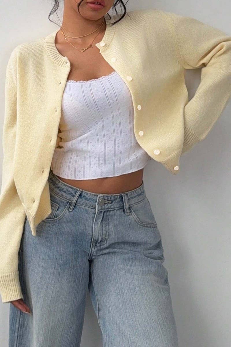 CWOCAL2293_SOFT LOOSE FIT CROPPED KNIT CARDIGAN SWEATER