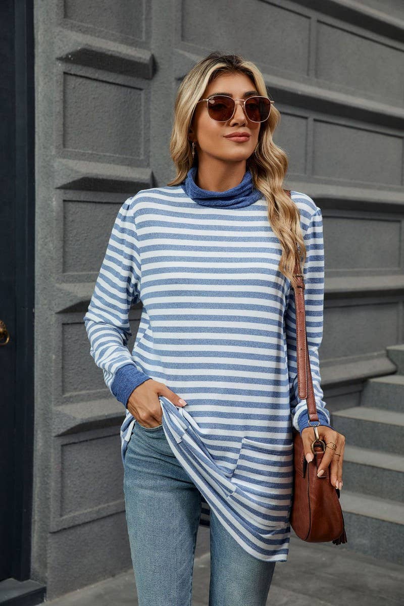 CWTBLL2357_HALF TURTLENECK STRIPED KNITTED LONG SLEEVE TOP