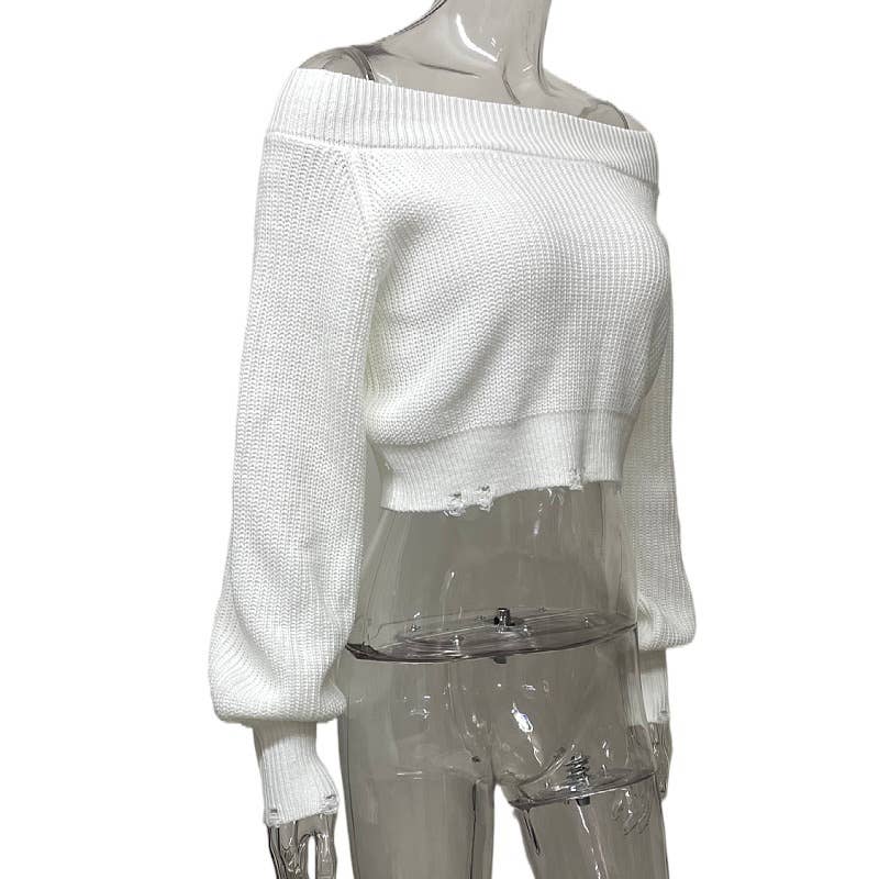 Crop top shoulder and cut-out knitted sweater
