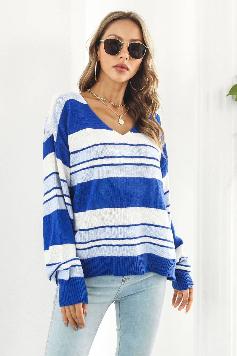 CWOSWL6401_LOOSE V-NECK STRIPED LONG-SLEEVED SWEATER