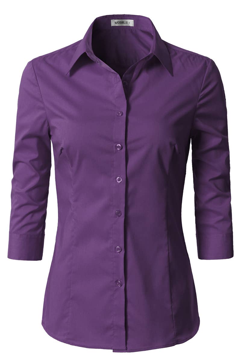 CWTSTS116_Basic Slim Fit Simple 3/4 Sleeve Button Down Shirt