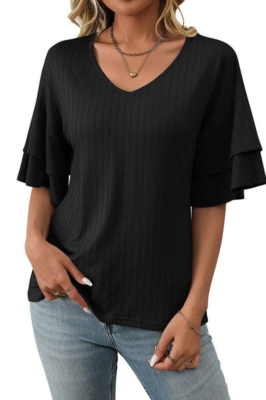 CWTBLS1713_SOLID COLOR V-NECK LOTUS SLEEVE T-SHIRT TOP