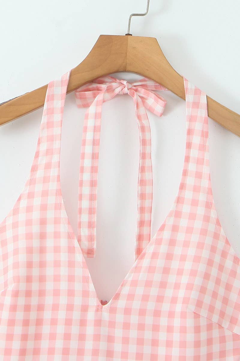 CWDMD4190_DEEP V-NECK PLAID HALTERNECK LONG DRESS