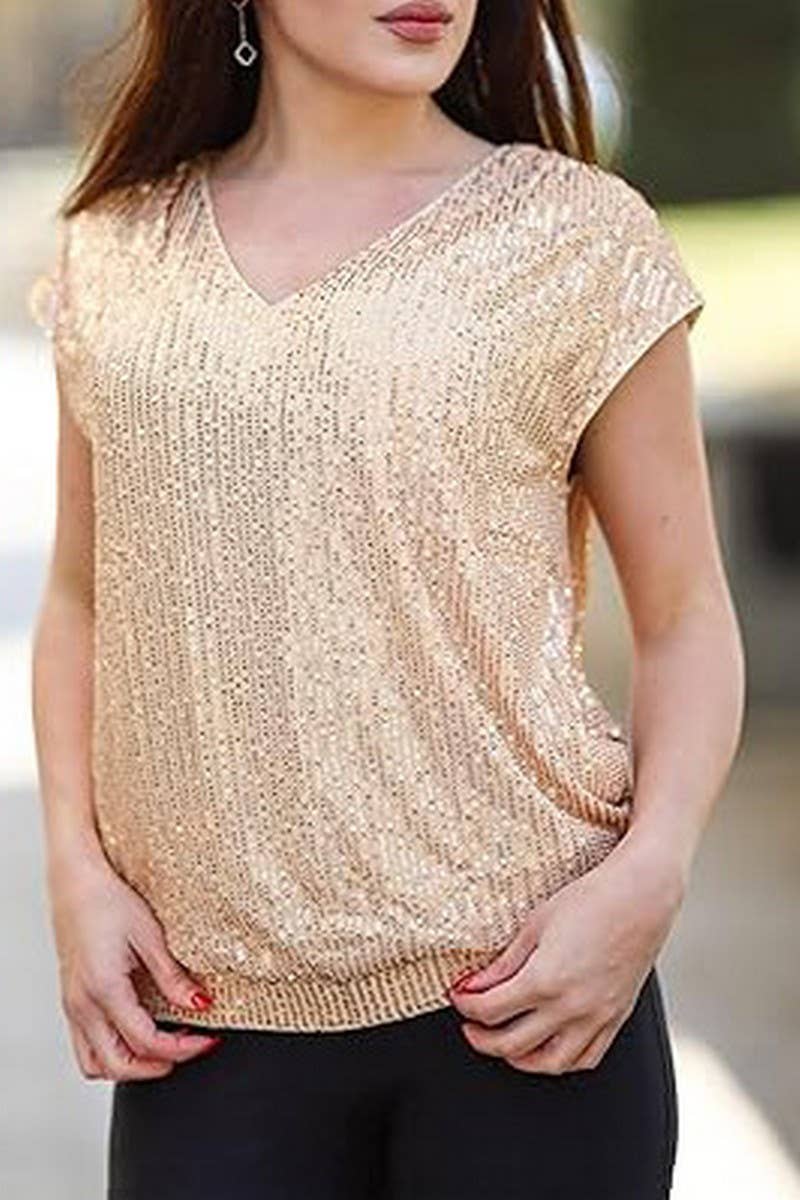 CWTTS1387_RAGLAN SLEEVE SEQUINED SLIM V-NECK SOLID COLOR TOP
