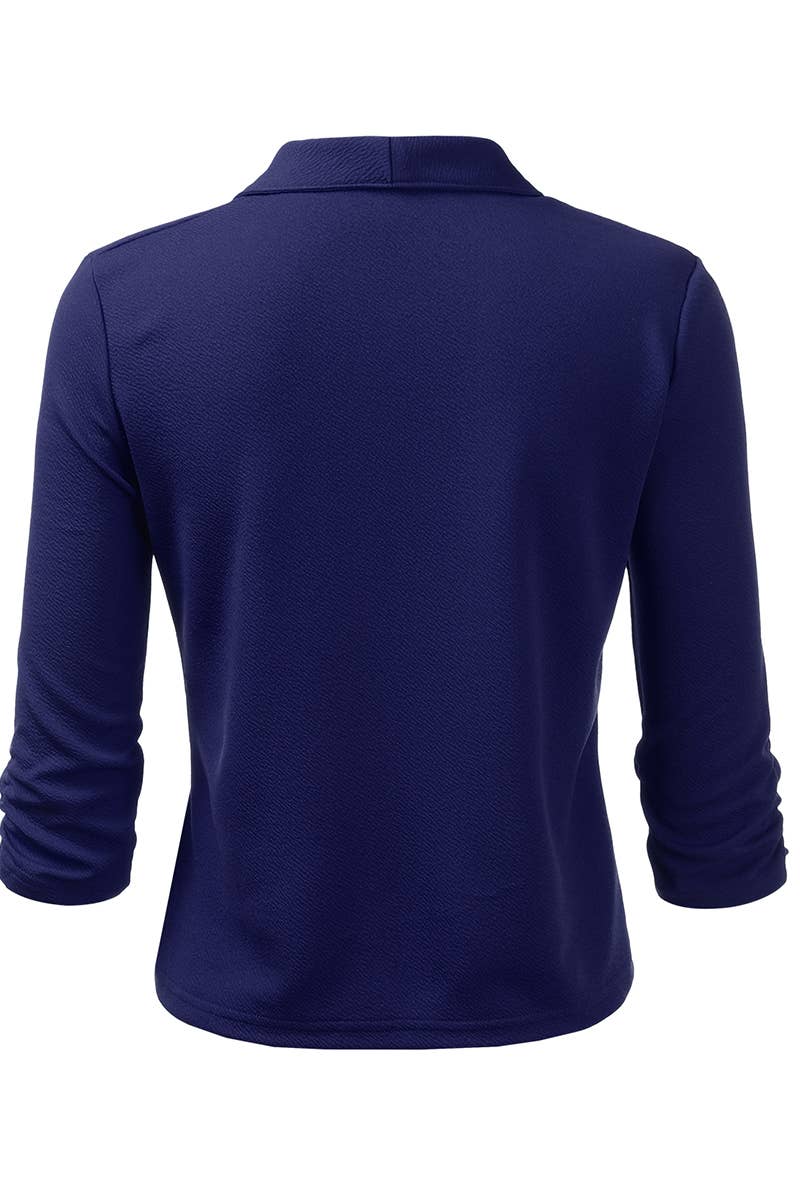 CWOBL091_Casual Work Ruched 3/4 Slv Open Front Blazer Jacket