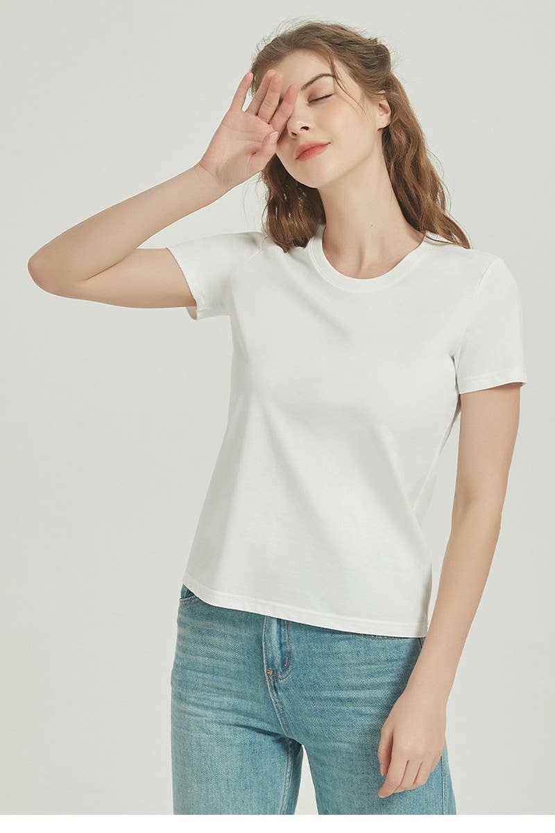 CWTTS1039_SOLID COLOR CASUAL ROUND NECK WOMEN T-SHIRT