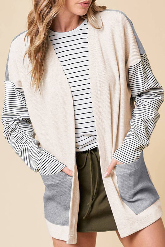 CASUAL STYLE MATCHING STRIPE BUTTON-DOWN CARDIGAN