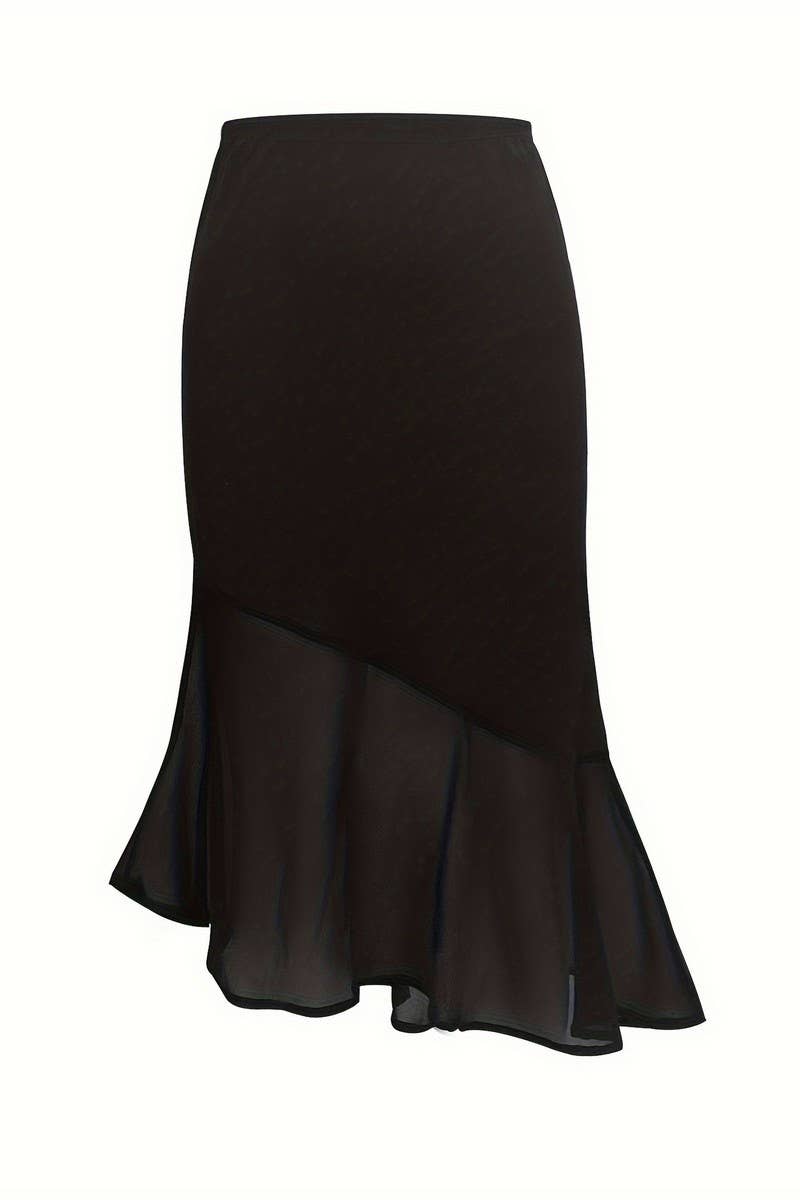 CWBMS0469_SOLID MESH FISHTAIL PENCIL SKIRT