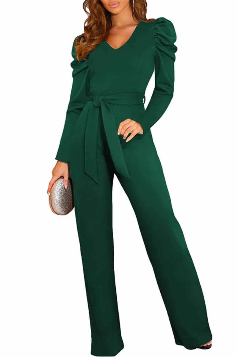 CWSJS1098_V-NECK LONG SLEEVED WAIST ONE-PIECE PANTS