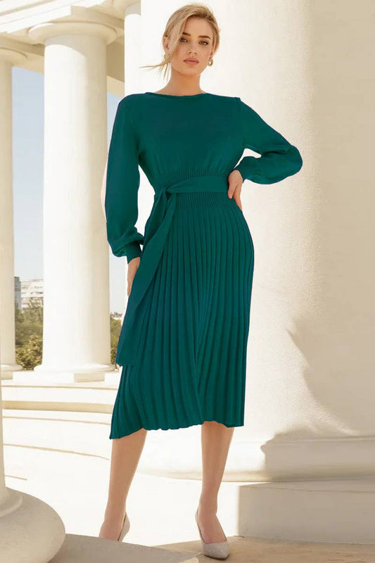 CWDMD4002_ROUND NECK TIE PLEATED MID-LENGTH KNITTED DRESS
