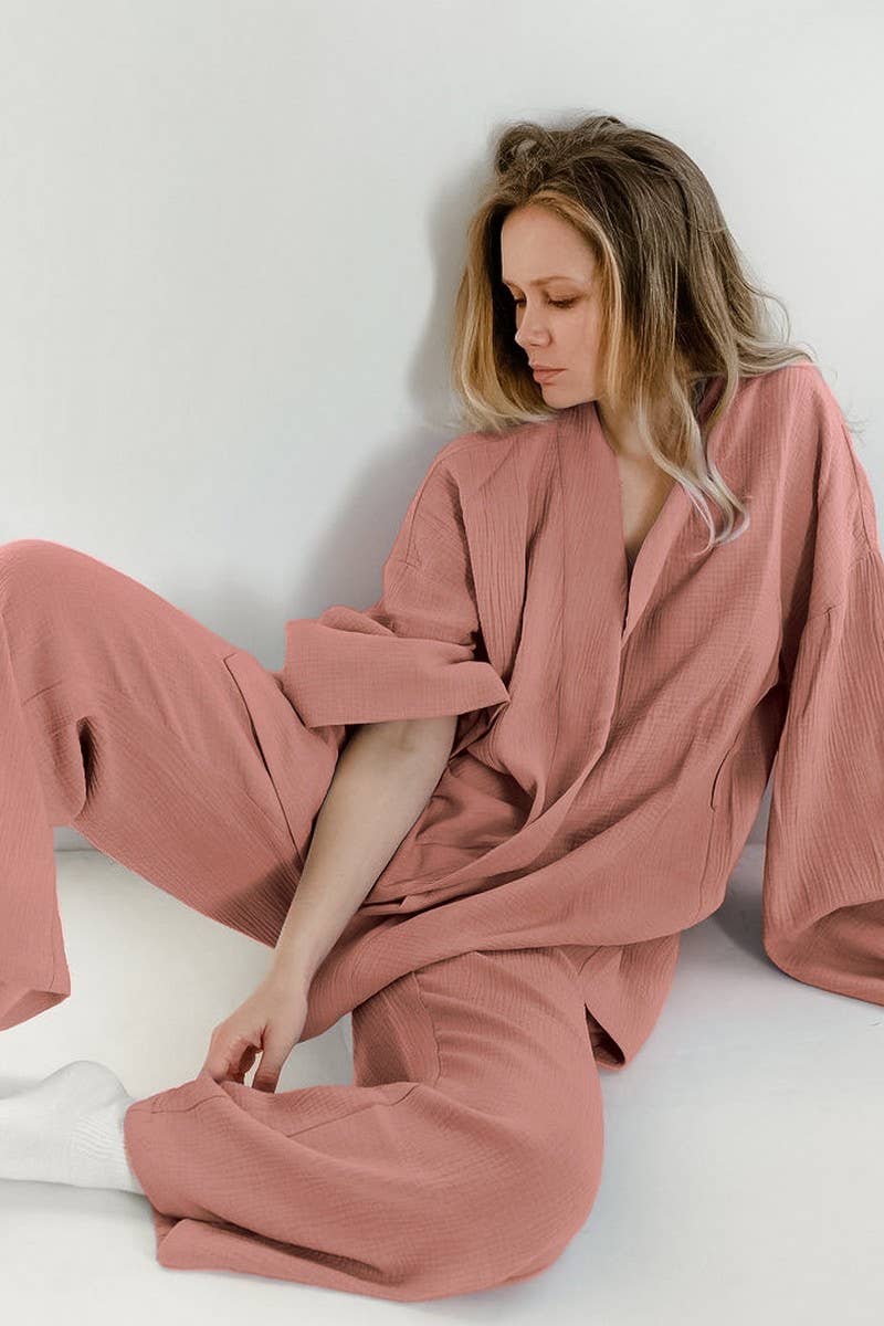 CWSPJ0081_LONG SLEEVE CARDIGAN WITH BELT PANTS PAJAMAS SET