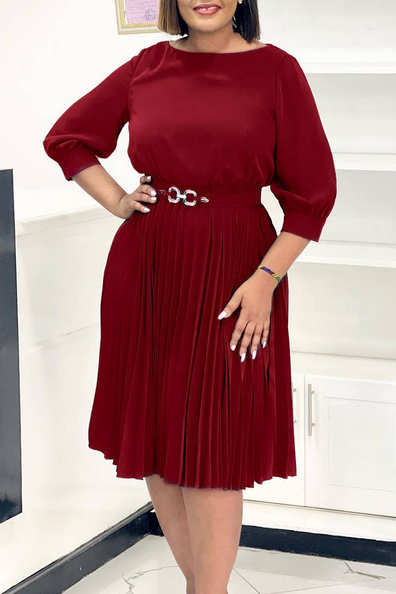 CWDMD01270_2025 ELEGANT PLEATED ROUND NECK MIDI DRESS