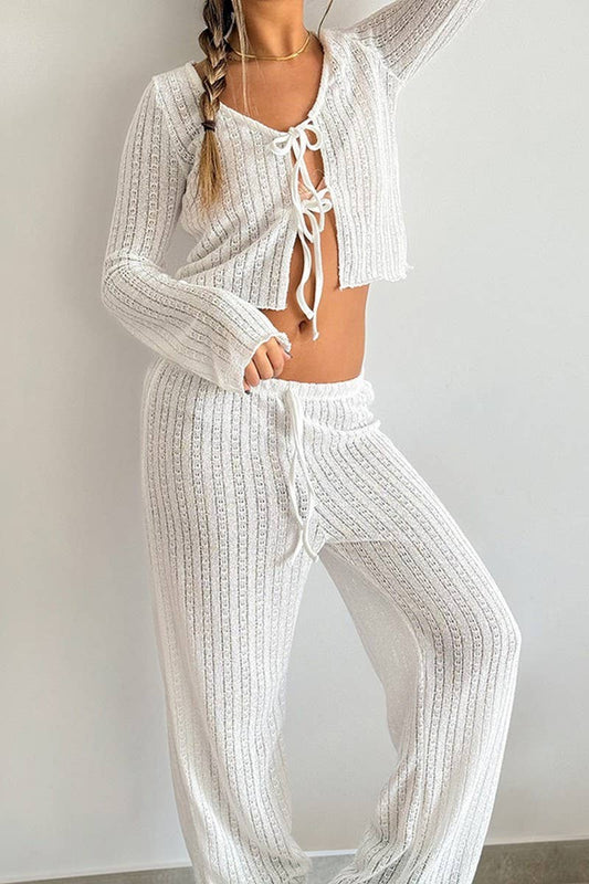 CWSPJ0171_WHITE KNITTED CARDIGAN PAJAMAS HOME WEAR SET