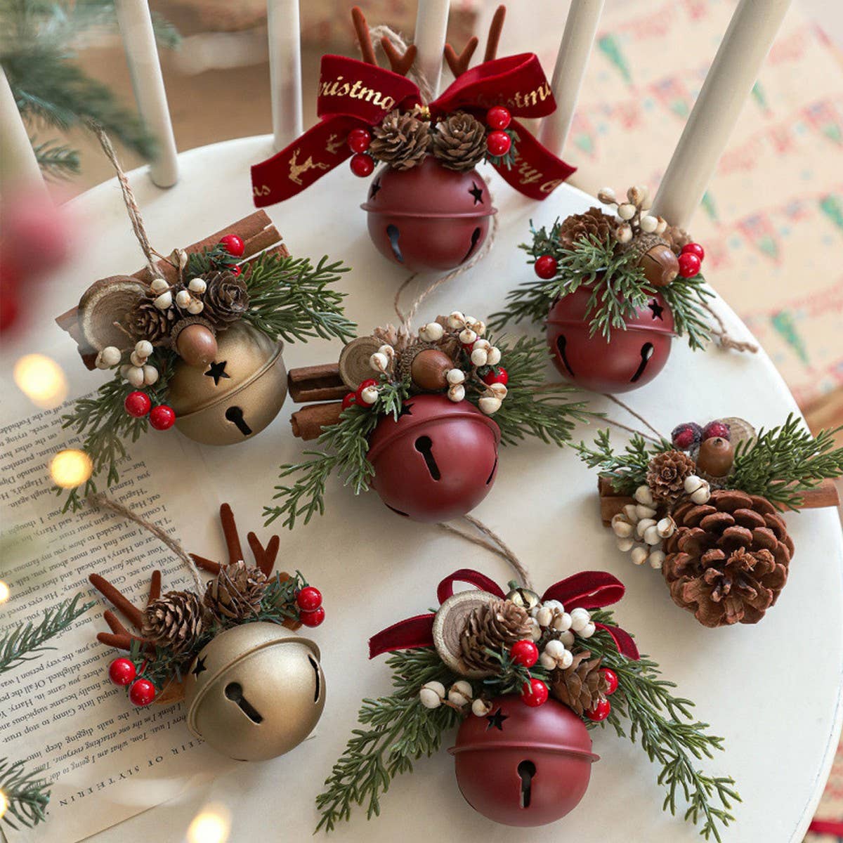 Mixed Christmas Bells Antlers Bows Pinecone Decor