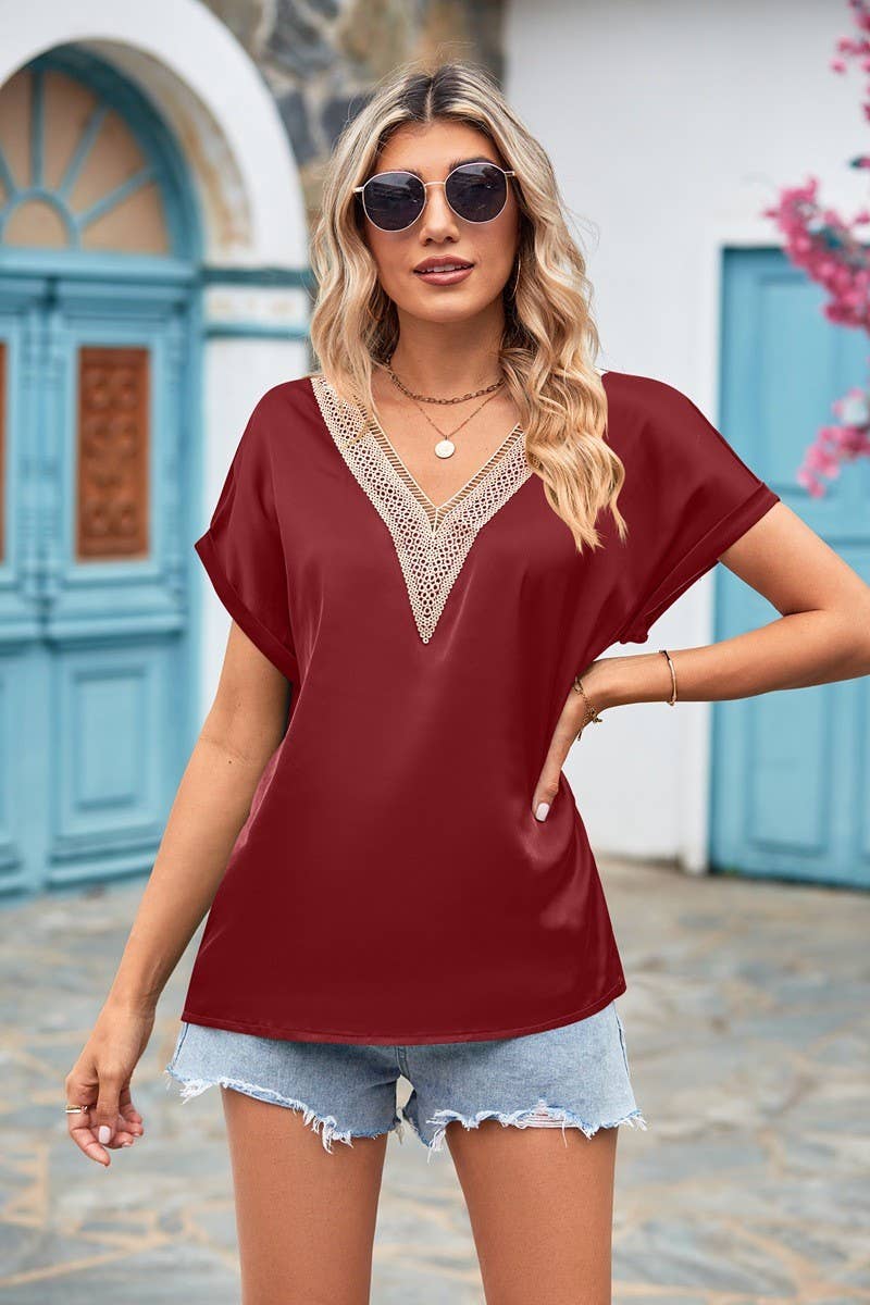 CWTSTS0269_V Neck Lace Trim Detail Short Sleeve Blouse