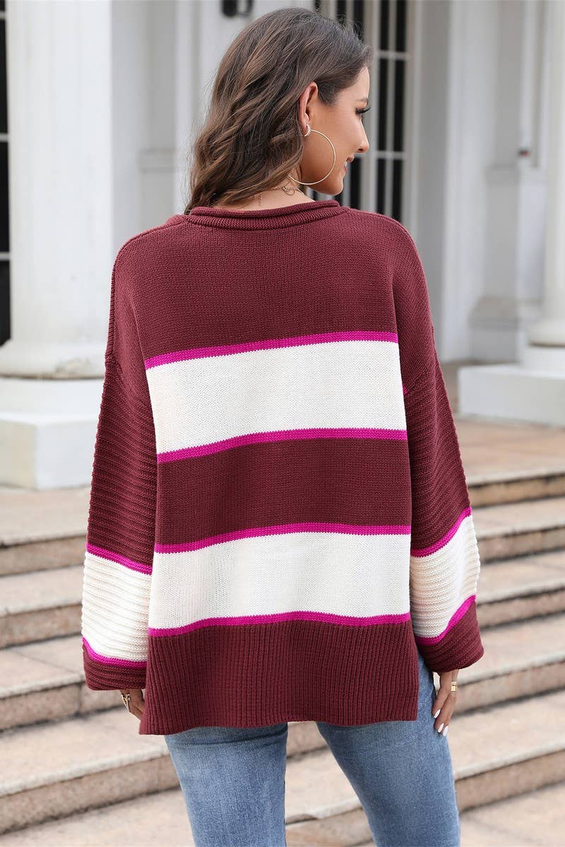 CWOSWL3175_BUTTON CONTRAST COLOR SPLIT KNITTED SWEATER