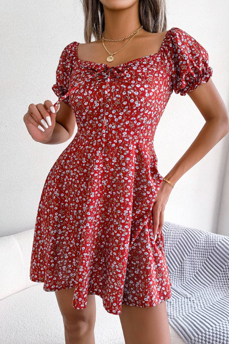 CWDSD4630_CASUAL FLARED SLEEVES FLORAL SWING DRESS