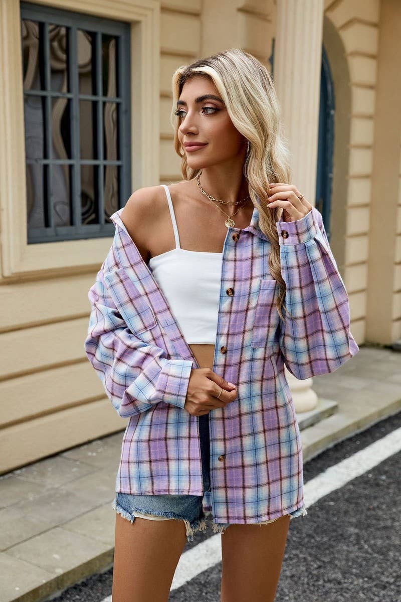 CWOCO0473_LAPEL PLAID CONTRAST LONG SLEEVE SHIRT COAT