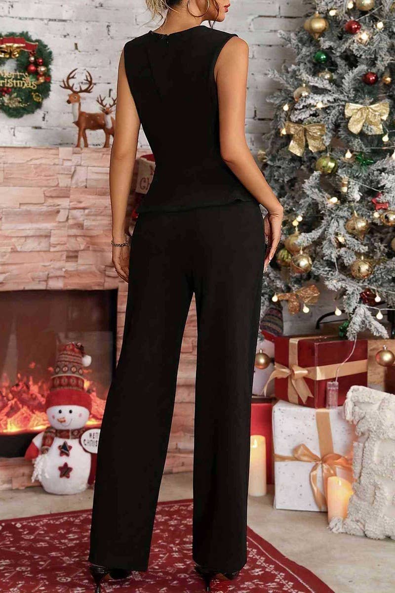 CWSS1130_TEMPERAMENT U-NECK VEST AND TROUSERS TWO-PIECE SET
