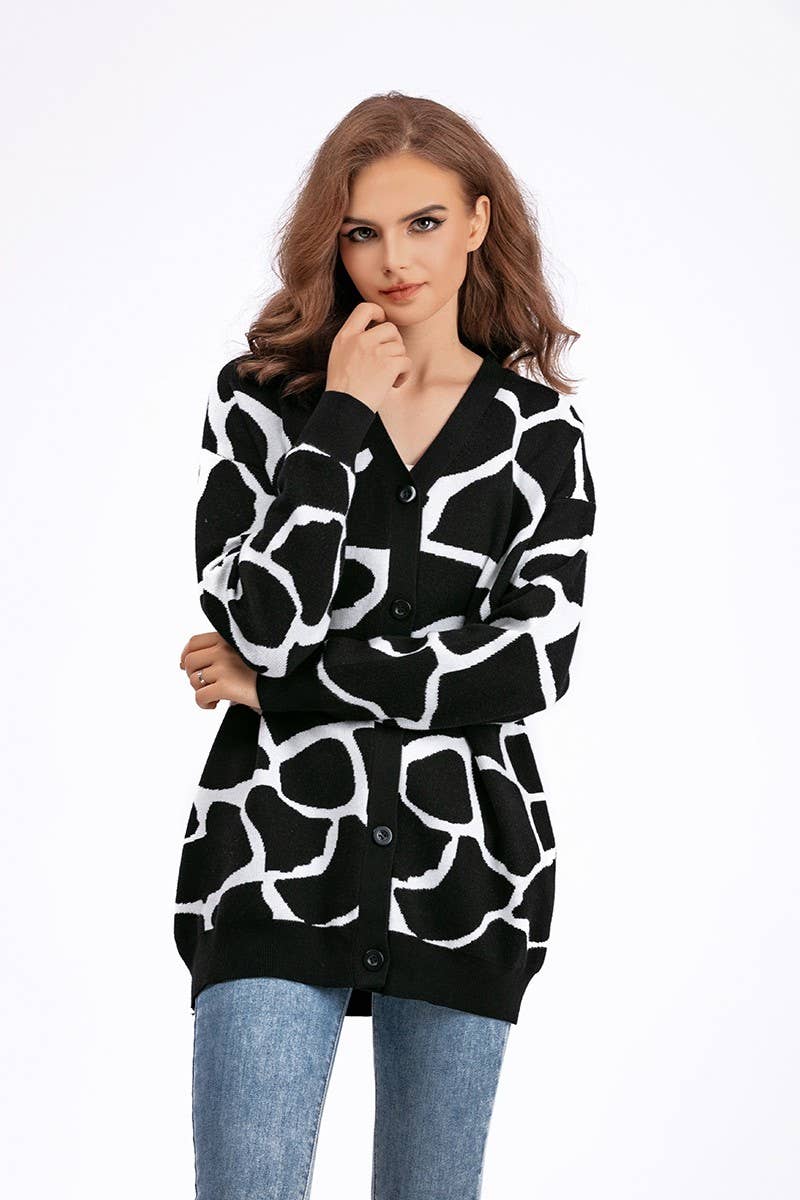 CWOCAL00664_JACQUARD KNIT V NECK LONGLINE CARDIGAN
