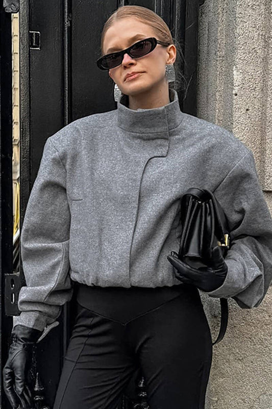 CWOCO1115_GREY SHORT WOOLEN COAT WITH SMALL STAND COLLAR