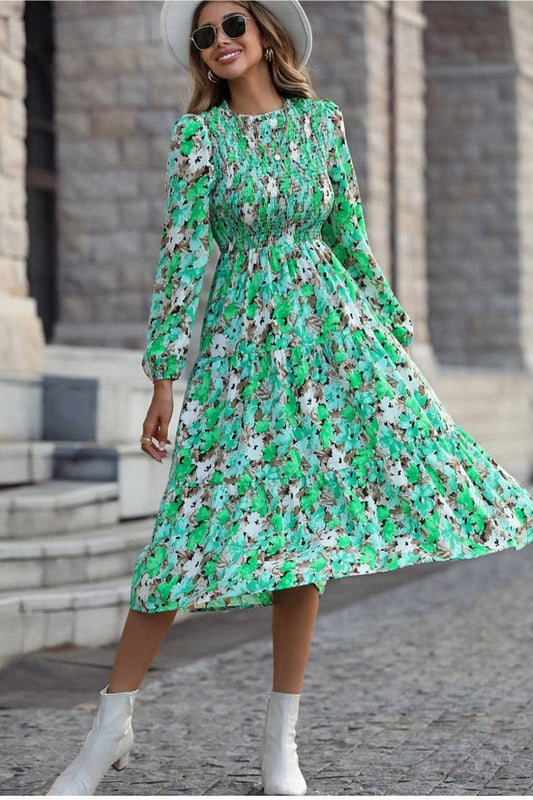 CWDMD4099_PRINTED PLEATED LONG SLEEVE CAKE DRESS