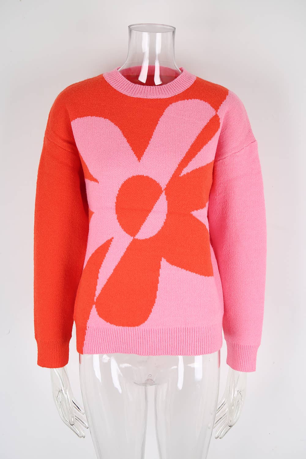 Floral color-blocking knitted pullover sweater