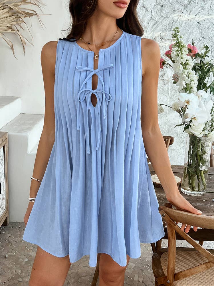Casual lace-up pinched sleeveless short dress