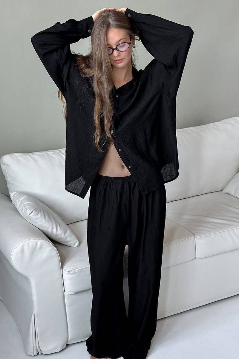 CWSPJ0296_SOLID COLOR LONG SLEEVE LONG PANTS PAJAMA SET
