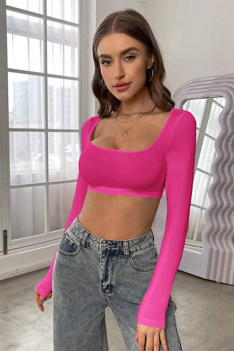 CWTBLL2719_SHORT HIGH-ELASTIC LONG-SLEEVED T-SHIRT TOP