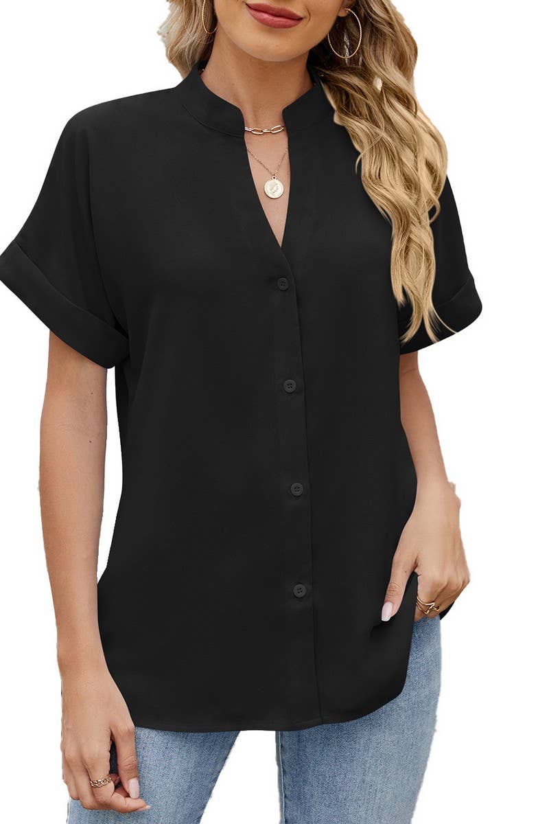 CWTSTS0585_V-NECK BUTTON-DOWN SHORT-SLEEVED CHIFFON SHIRT