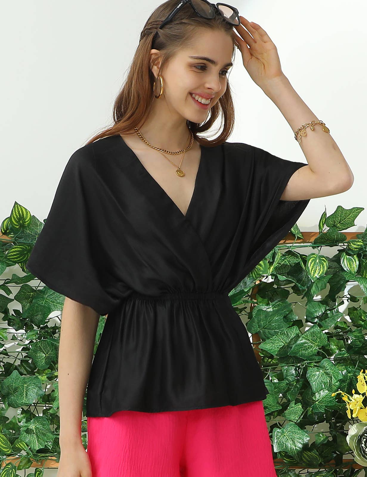 CWTBLS205_V NECK BATWING SLEEVE SLIK BLOUSE TOP