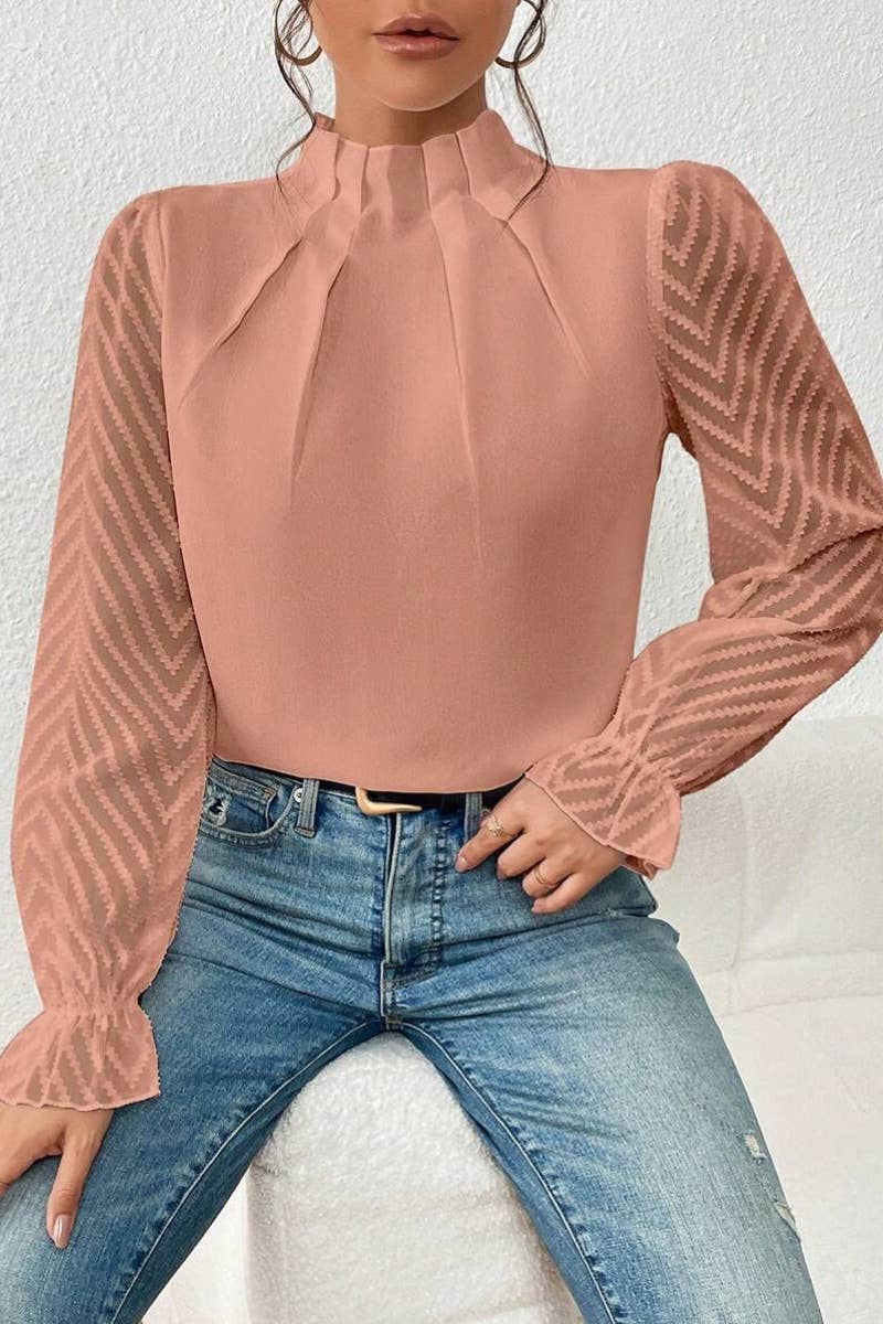 CWTBLL2546_FALL TURTLENECK MESH PATCHWORK LONG SLEEVE TOP