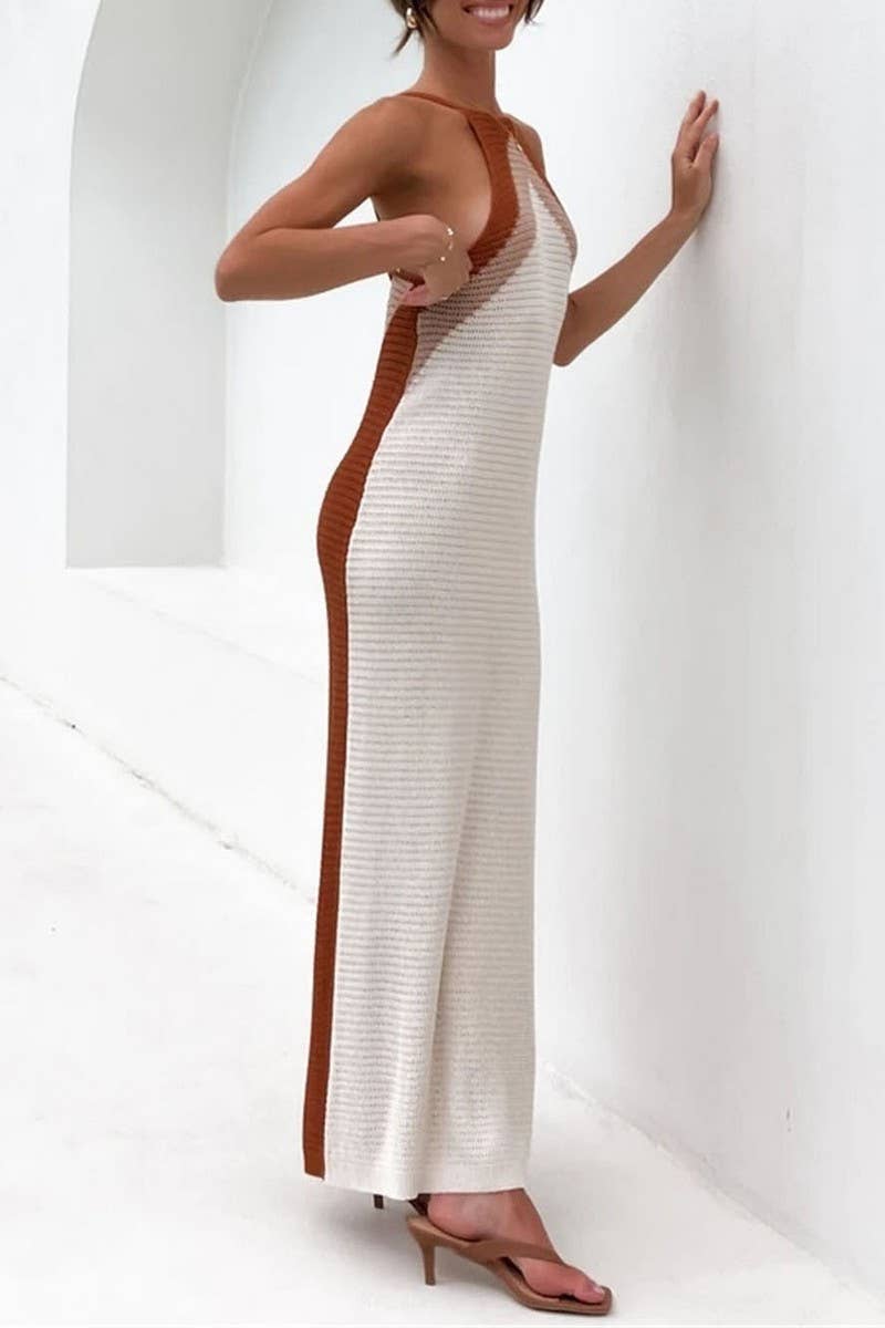 CWDMD1240_Crew Neck Sleeveless Knit Sweater Maxi Dress