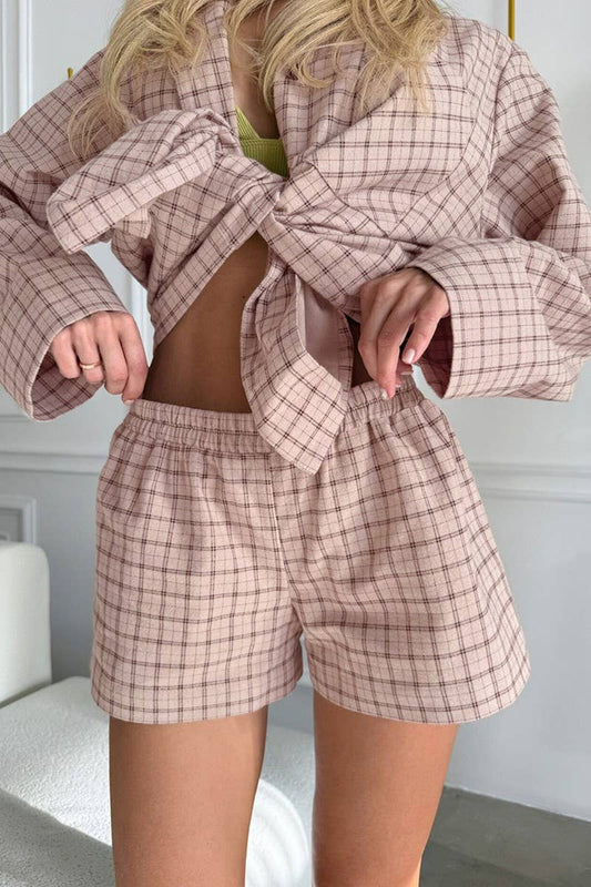 CWSPJ0203_PLAID CARDIGAN SHORTS HOME PAJAMAS TWO-PIECE SET