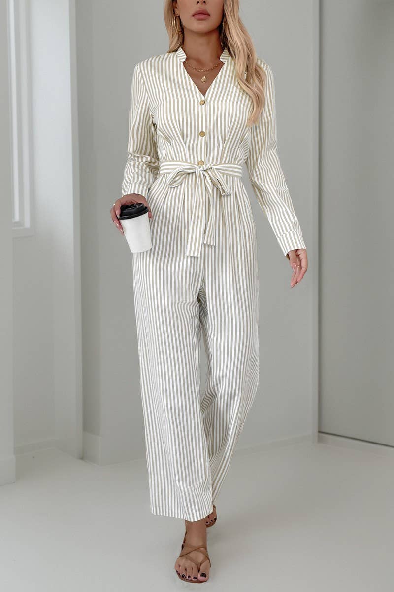CWSBSL0134_V-NECK COMMUTER STYLE STRIPED LACE-UP JUMPSUIT