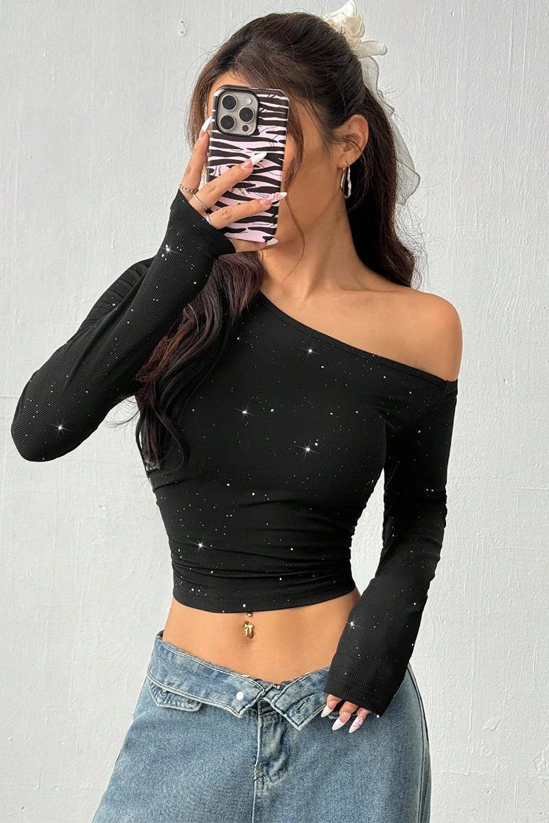 CWTTK00295_2025 SPRING RHINESTONE ONE SHOULDER KNIT TOP