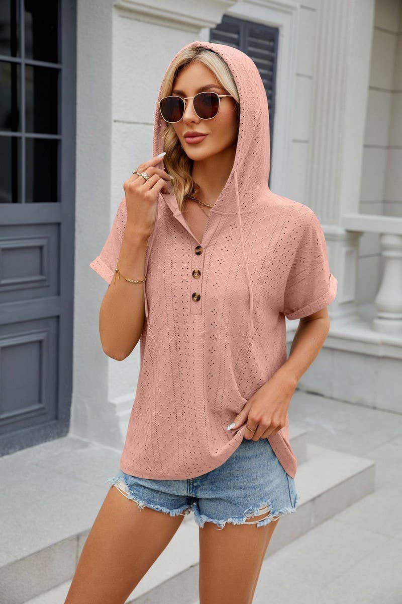 CWTTS1086_SOLID COLOR BUTTONED HOODED DRAWSTRING T-SHIRT