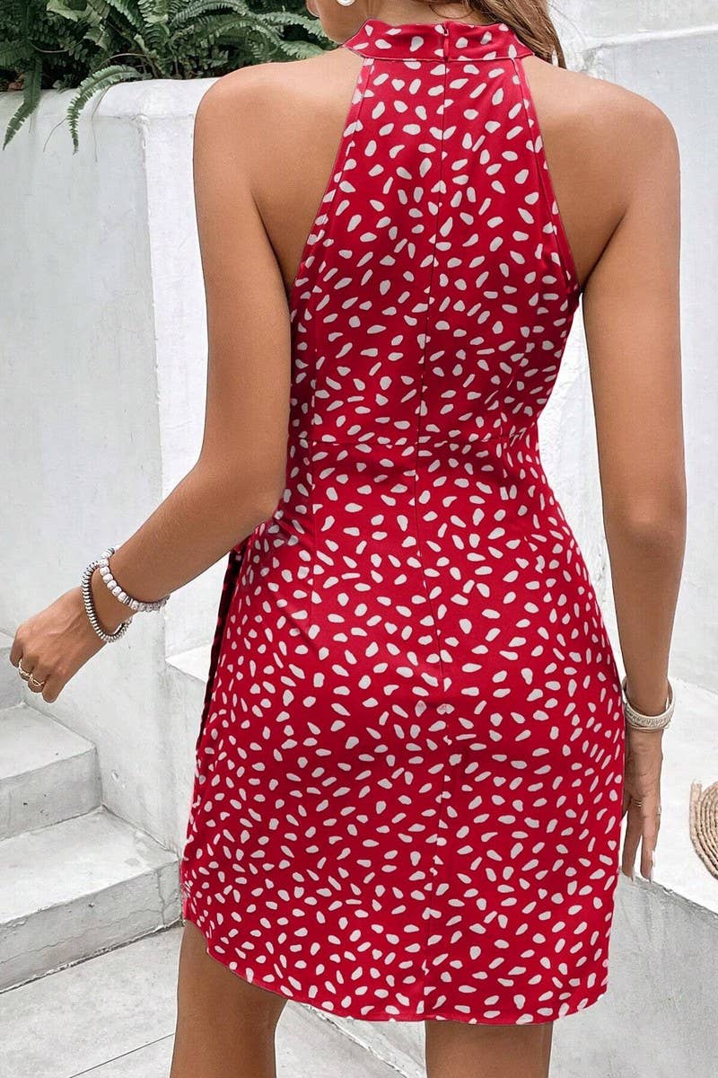 CWDSD7525_FASHIONABLE HALTERNECK FLORAL PLEATED SHORT DRESS