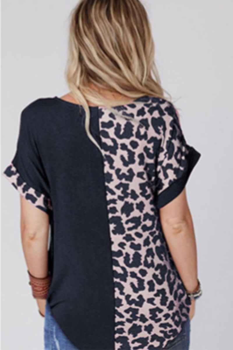 CWTBLS1324_SUMMER CREW-NECK LEOPARD PRINT SHORT-SLEEVED TOP