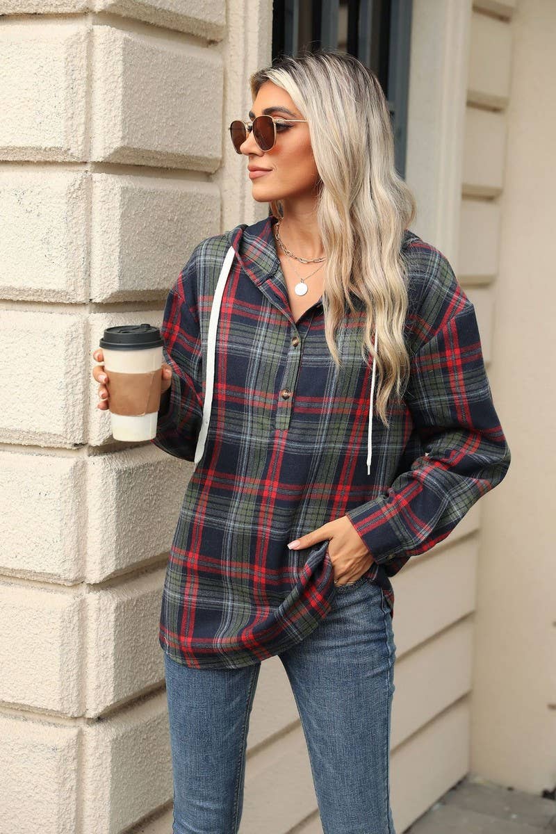 CWOHOL1113_AUTUMN AND WINTER PLAID LOOSE HOODED SWEATSHIRT